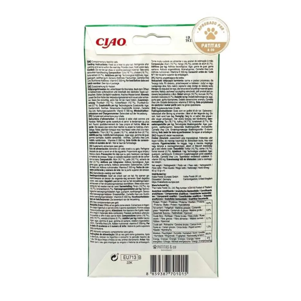 Churu Pops Chuches Naturales de Atún y Pollo (4x15g) para Gatos