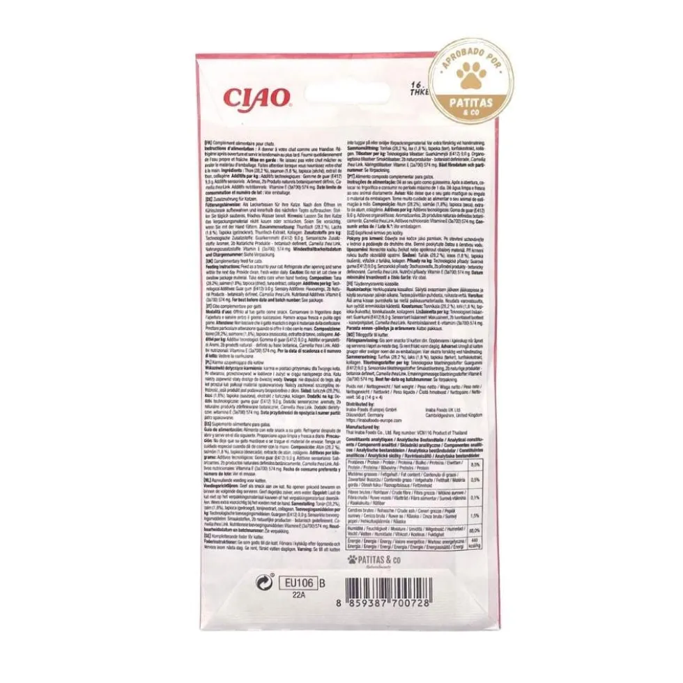 Churu Snack Natural de Atún con Salmón (4x14g) para Gatos