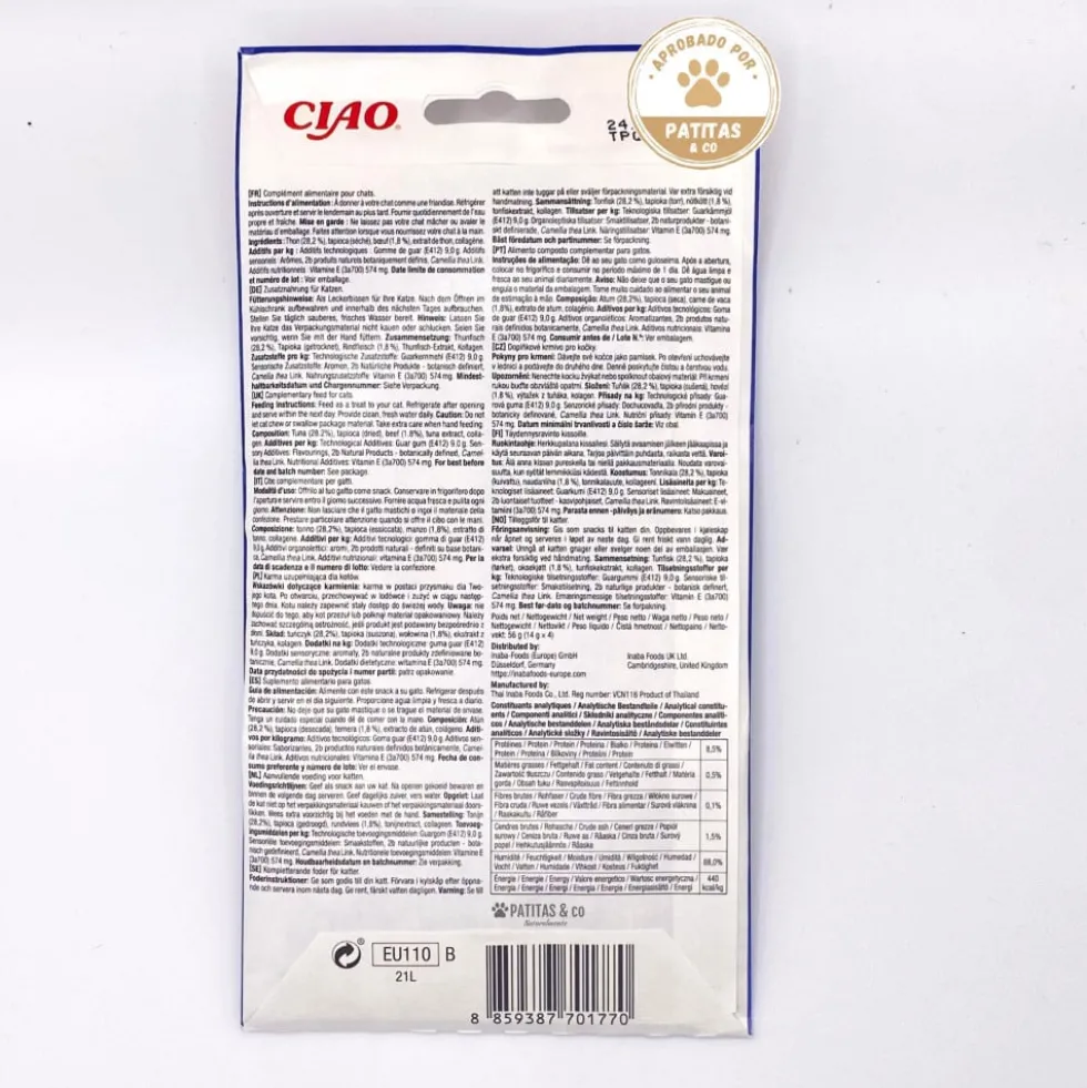 Churu Snack Natural de Atún con Ternera (4x14g) para Gatos
