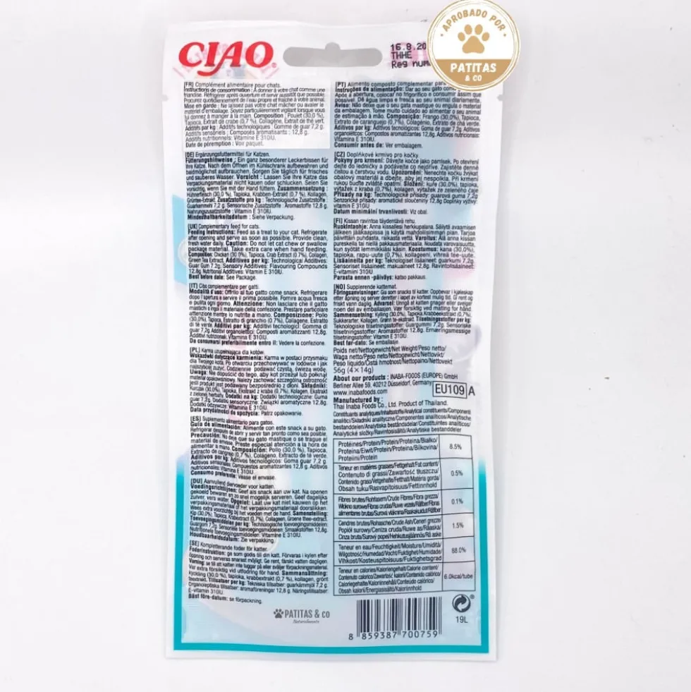 Churu Snack Natural de Pollo con Cangrejo (4x14g) para Gatos