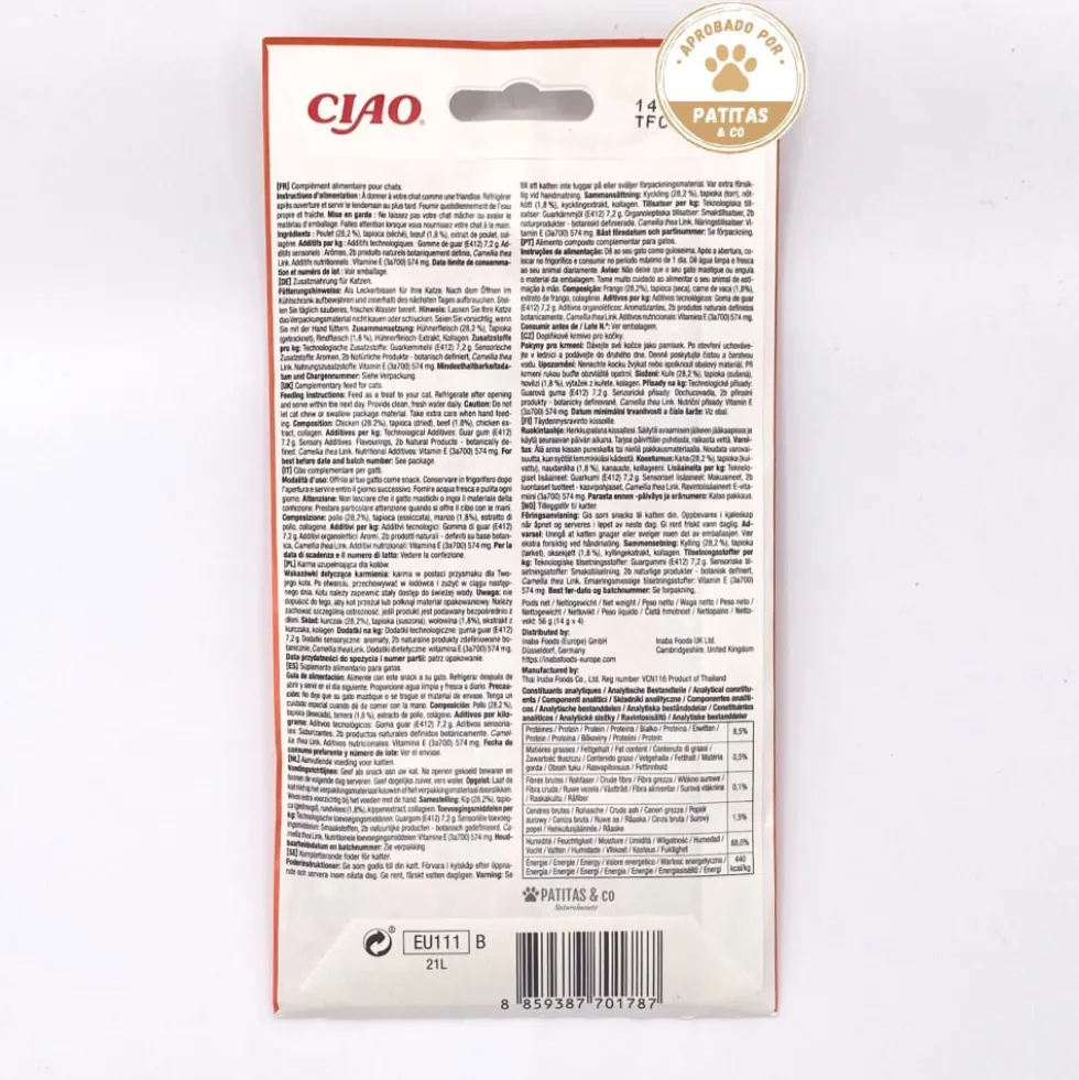 Churu Snack Natural de Pollo con Ternera (4x14g) para Gatos
