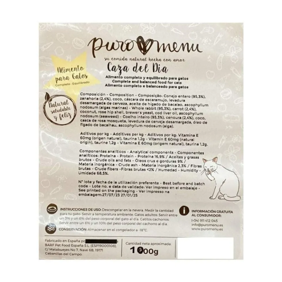 Dieta BARF Puromenu de Conejo (Caza del Día) para Gatos