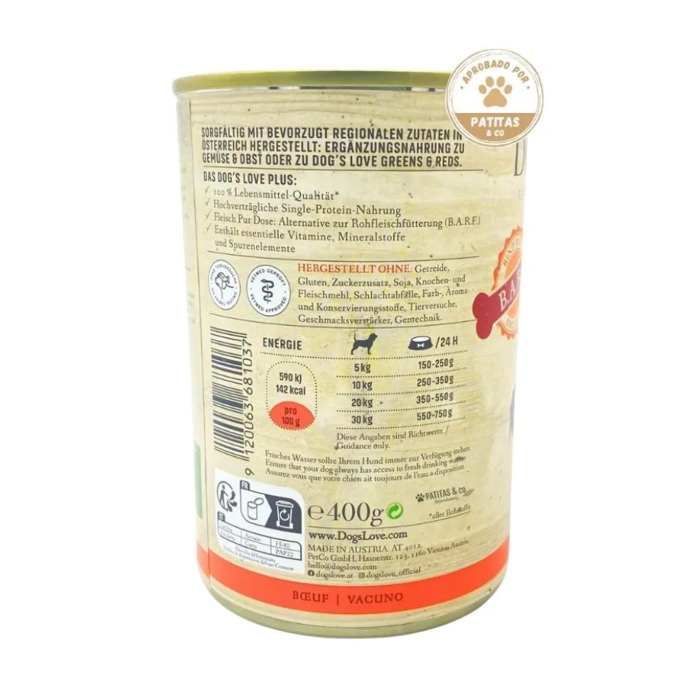 Dogs Love Lata Cocinada con Filosofía BARF Puro Ternera para Perro