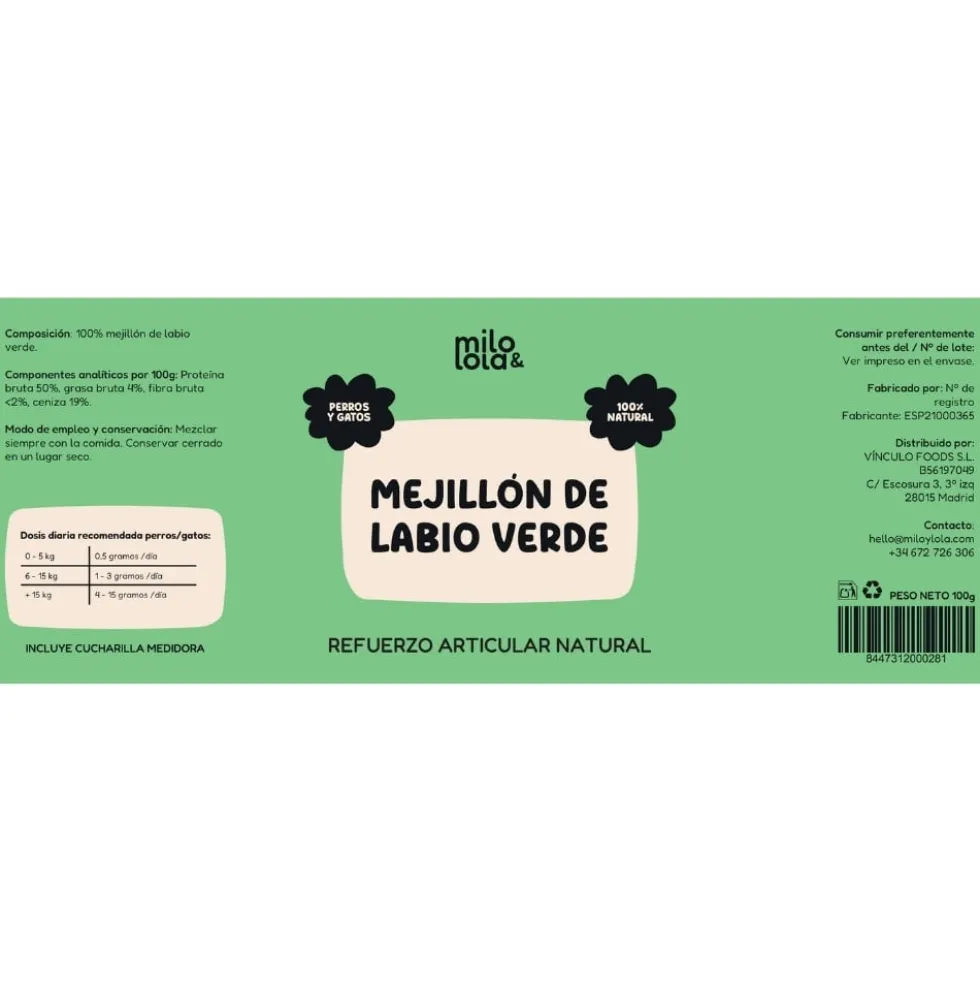 Milo y Lola Suplemento Mejillón de Labio Verde en Polvo