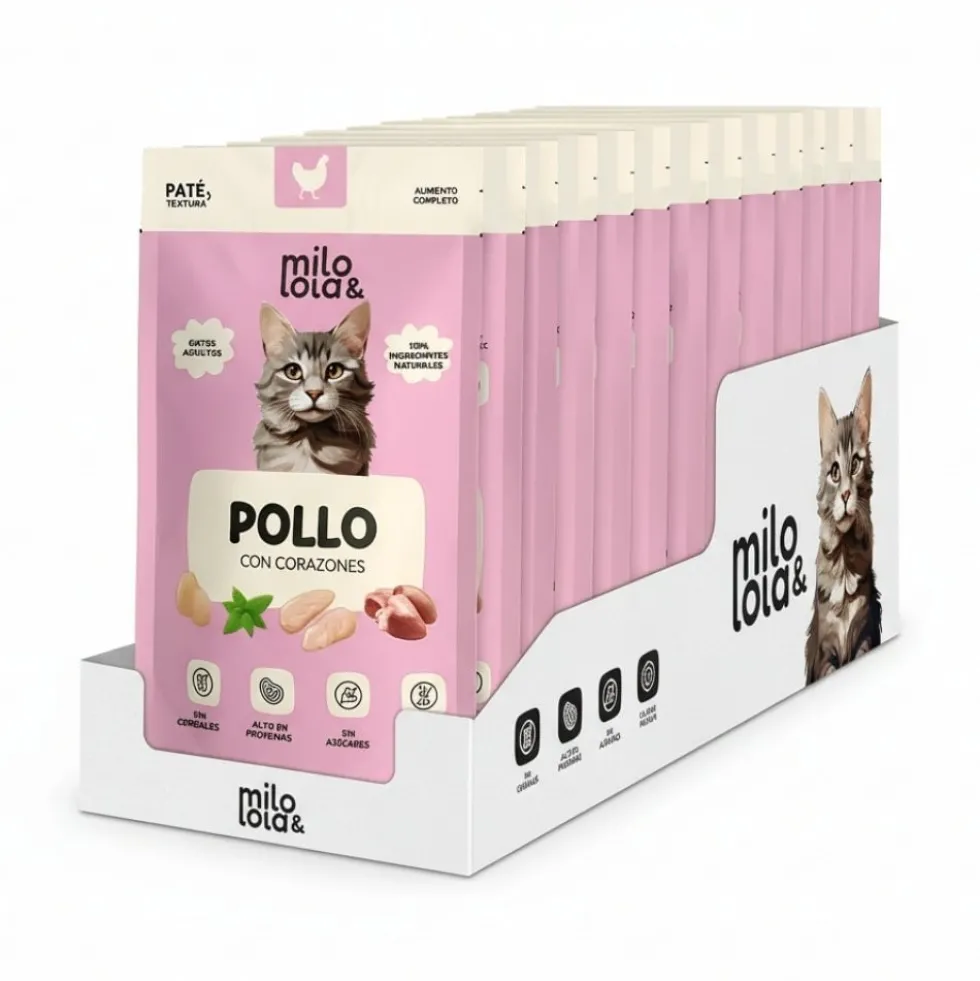 Pack 12 Sobres Milo y Lola de Pollo con Corazones para Gato
